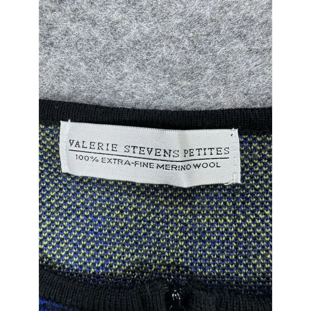 Valerie Stevens Petites Women PM Cardigan‎ Blue Plaid Full Zip 100% Wool